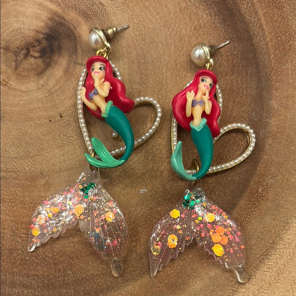 Ariel Disney Mermaid Heart Earrings with Glitter Tails pearl accents